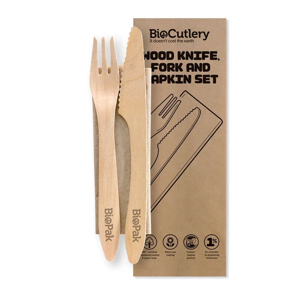 Cutlery Pack (19cm Wood Knife, Fork & Napkin) - Each